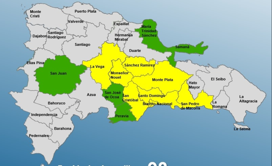 Mapa de República Dominicana mostrando provincias en alerta verde y amarilla debido a la onda tropical y vaguada que afectan el país.